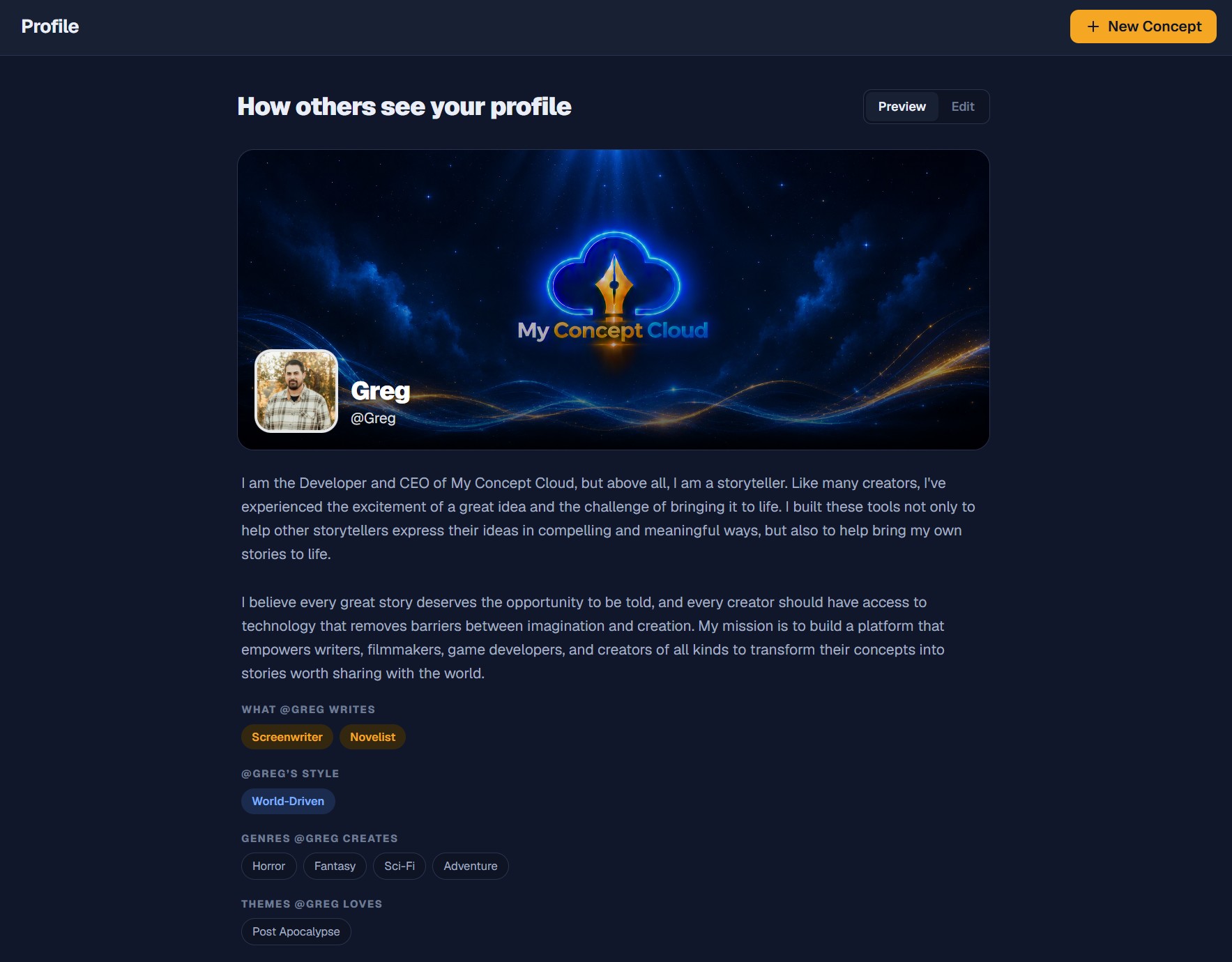 Profile stats — words, streaks, concepts